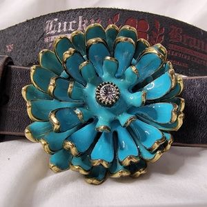 Lucky Brand Distressed Brown Leather Belt with Enamel Flower Buckle